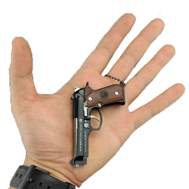 Solid Wood Handle 1:3 Metal Gun Keychain M92 Keyring Miniature Model Gun Alloy Pistol Pendant Collection Toy Gift