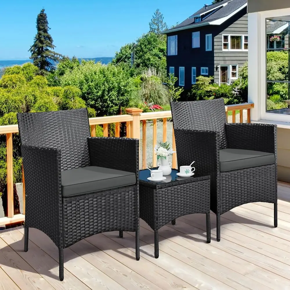 3 Pieces Patio Porch urniture Set, Outdoor PE Rattan Wicker Contion Set with Sot Cushions, Glass Coee Table & 2 Chairs or Garden