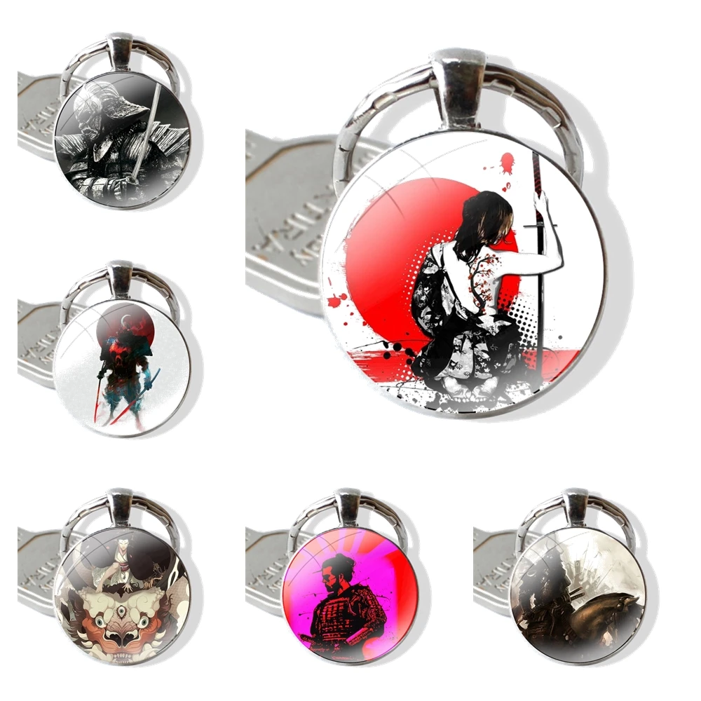 Samurai Keychain Handmade Glass Cabochon Key Ring Holder Pendant Key Chains