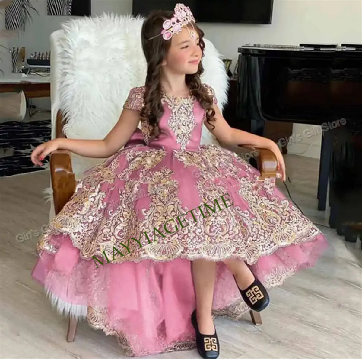 Princesa Flower Girl Dress, Mangas curtas, Applique Dourado, Hi-lo, Vestidos de festa, Concurso, Casamento