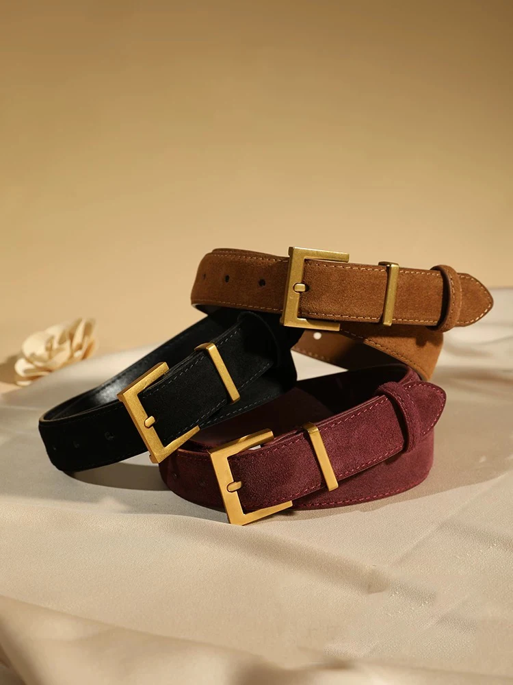 Fashion Suede Cowhide Women‘s Belts Genuine Leather 2.8cm Wide Belt Metal Buckle Women Belt Matched Dress Jeans Skinny Girdle