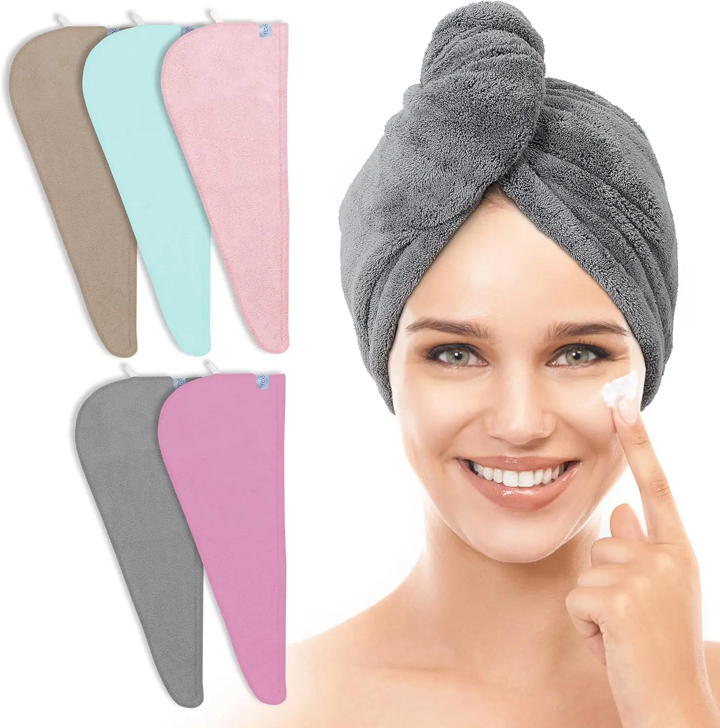 

5 Pack Thick Microfiber Hair Towel Wrap - Elastic Loop, Quick Dry, 320GSM Coral Velvet for Women and Kids