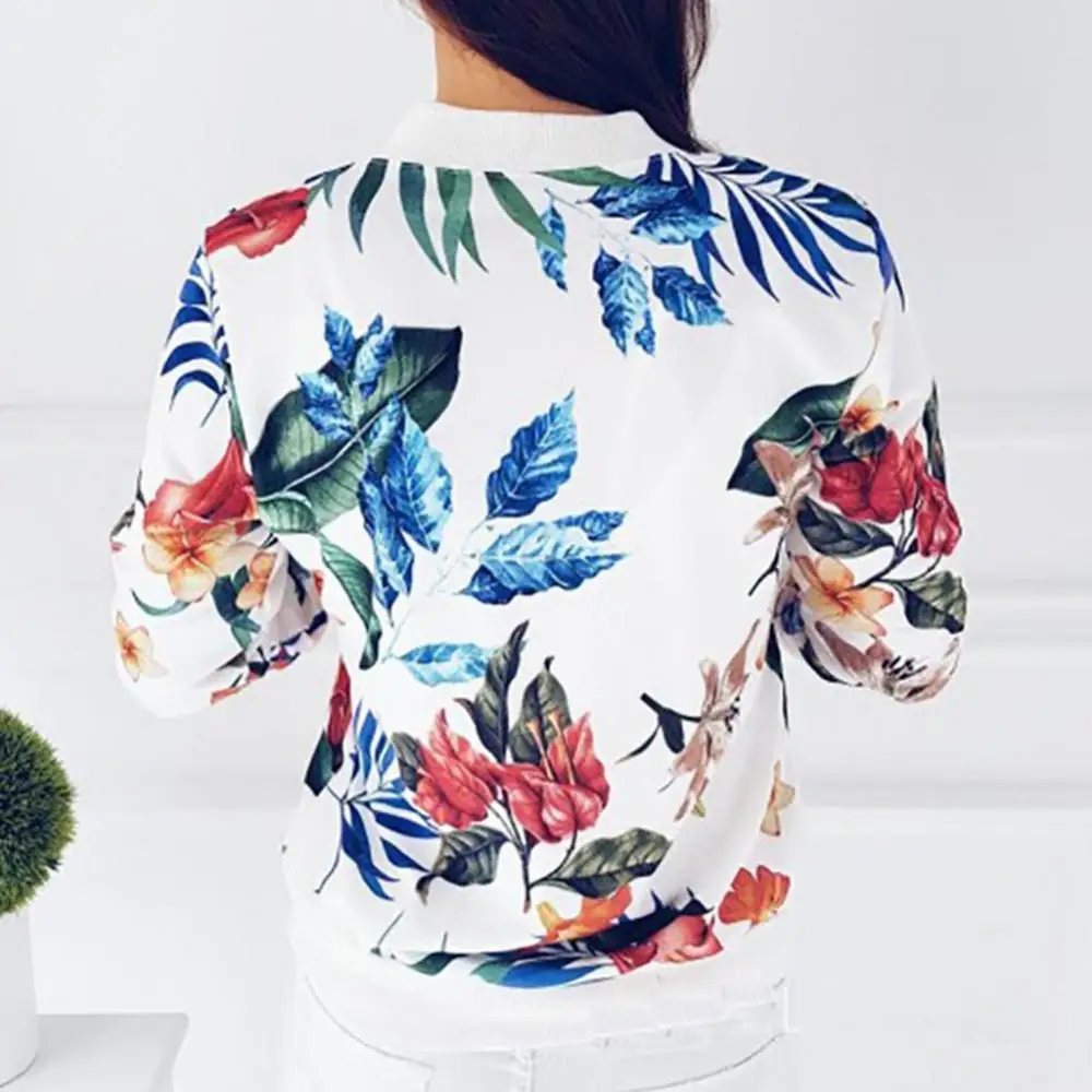 Women Floral Jackets Spring Summer Long Sleeve Zipper Print Jacket Casual Pocket Slim Female Fashion Outwears Plus Size