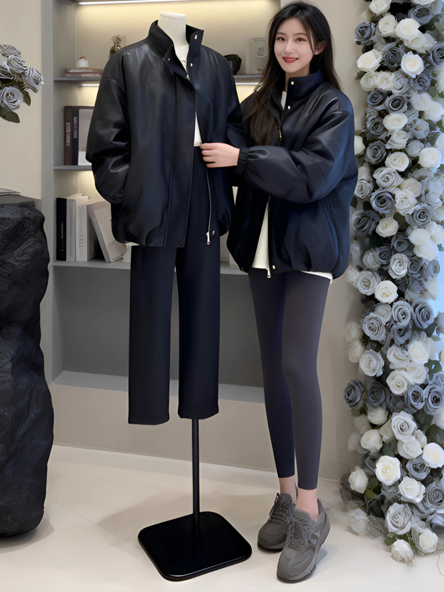 

American Retro Casual Style Women's Loose Leather Jacket Fashionable Warmth Outerwear Coat Thickened Long Sleeve Zipper