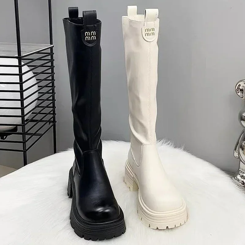 Women Knee High Snow Boots Platform High Heels Shoes 2025 Brand Chelsea Goth Boots Women Chunky Pumps Winter Leather Gladiator