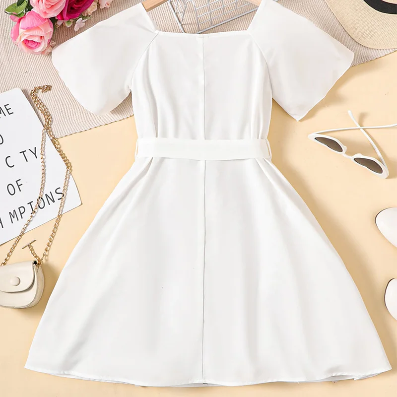 Summer Cute Girl Irregular Sleeves Geometric Pattern Princess Dress Children\'s Birthday Party Girl Detachable Belt A-Line Dress