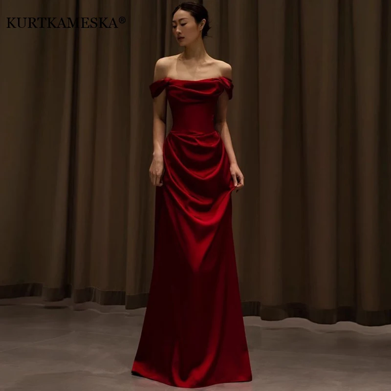 Romantic Burgundy Off The Shoulder Satin Evening Dresses Draped Ruched Elegance Formal Gown Long Wedding Guest Party Dress