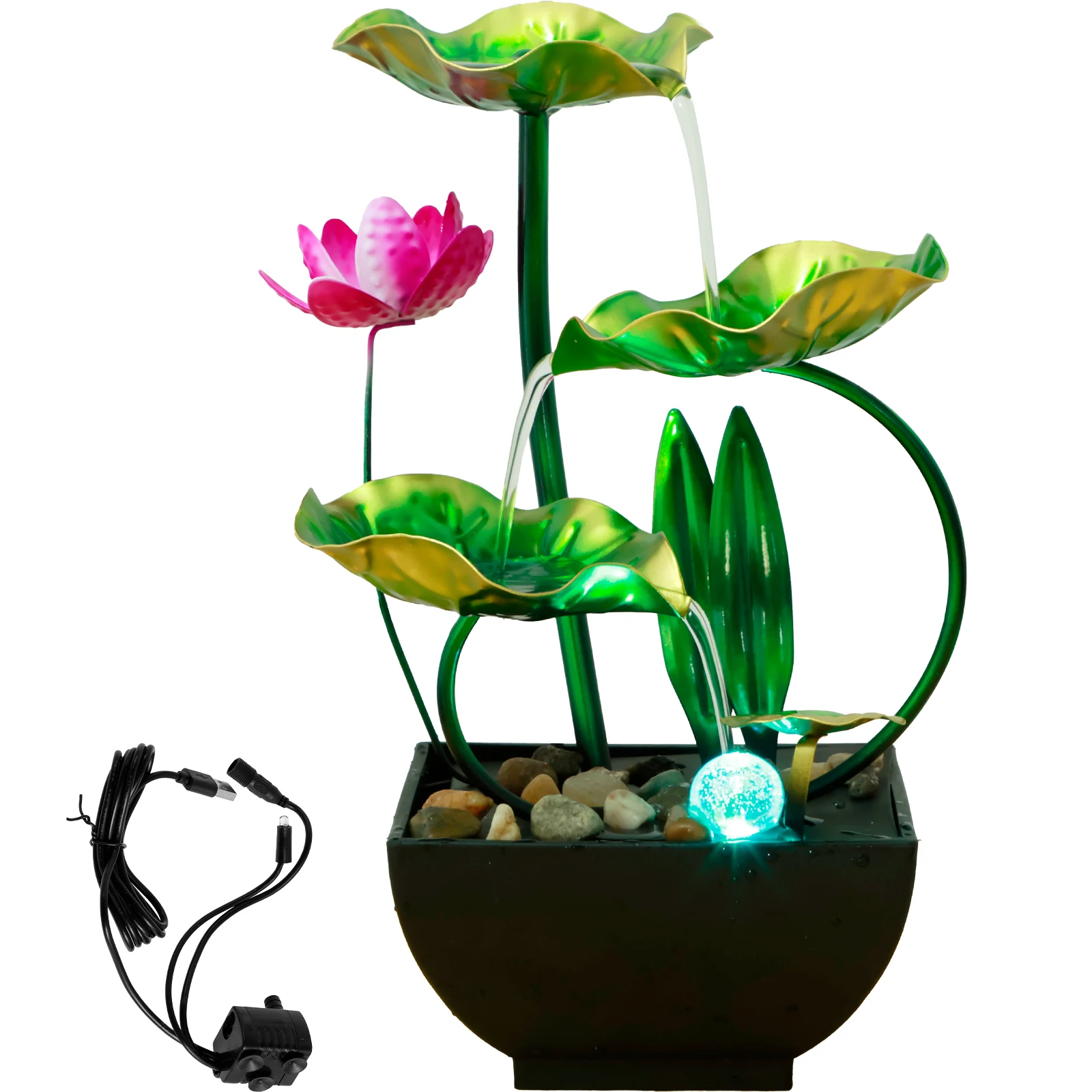 Tabletop Water Fountain USB Powered Tabletop Fountain with Natural Rocks and LED Ring Lights Desktop Waterfall Fountain Zen