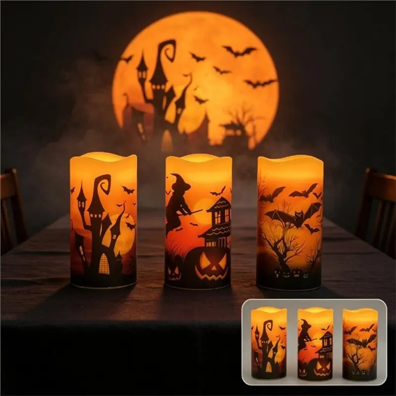 【Big Deal】Remote Controlled Halloween Flameless Pillar Candles Featuring Bat Cutouts