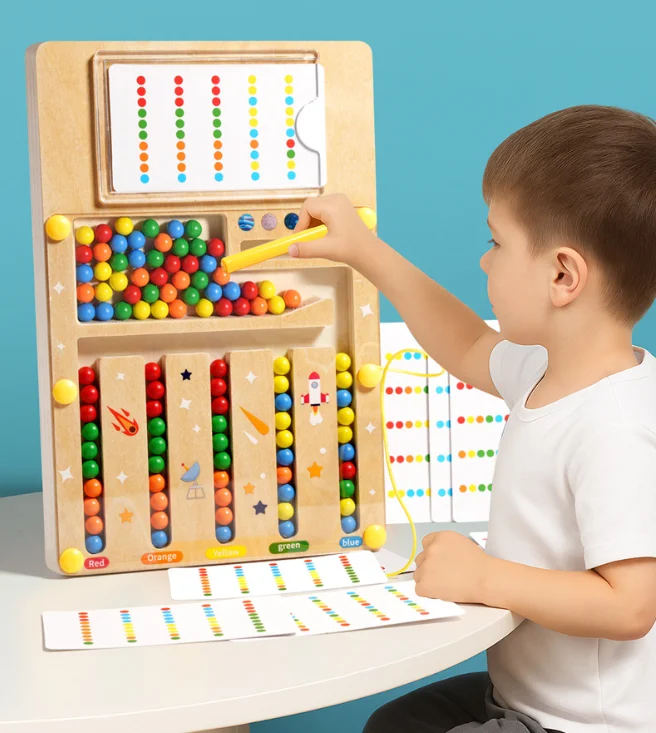 4 Color Wooden Magnetic Sorting Maze with Pen & Cards, Montessori Logic Puzzle, Educational Toy for Toddlers Kids