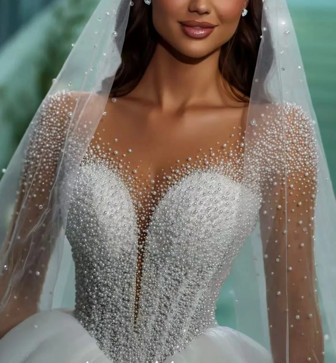 Luxury Puffy Wedding Dress 2026 Sheer O-neck Long Sleeves Pearls Beading Tulle Bridal Bride Gown Vestidos De Noiva