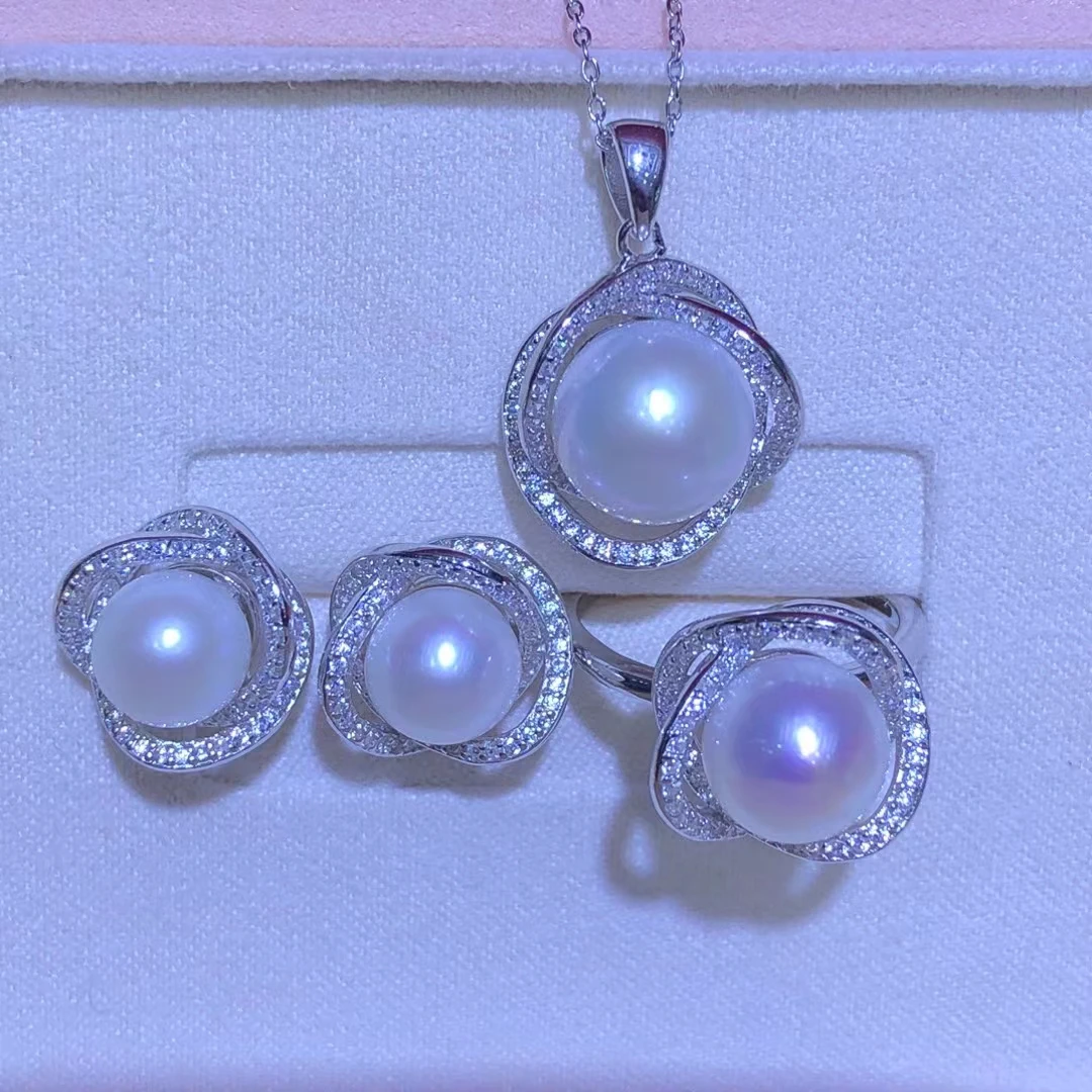 

925 Sterling Silver Pendant Earrings Ring Mountings Findings Base Jewelry Set Mounts Settings Parts for 8-11mm Pearls Beads