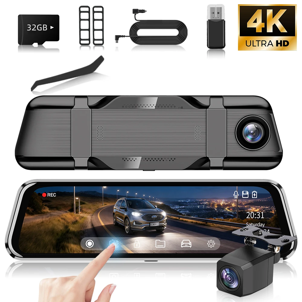 

Видеорегистратор 4K с зеркальным экраном 9,66 дюйма, сенсорный, с двумя камерами 1080P (фронтальная и задняя), потоковая передача видео на весь экран, ночное видение, G-сенсор, 32 ГБ