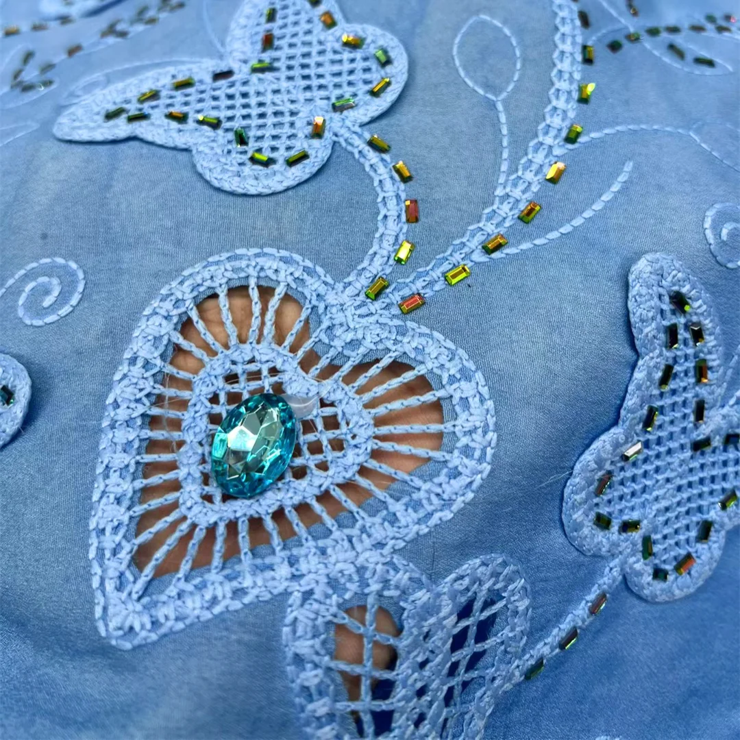 

Light Blue African Nigerian Guipure Lace Fabric Butterfly Embroidery Rhinestone Hollow out High Quality 5 Yards for Dress Sewing