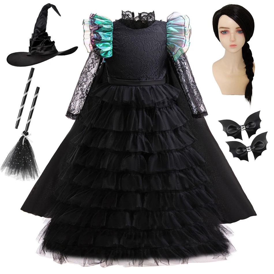 

Girl Elphaba Cosplay Halloween Princess Dress Magic Witch Black Lace Long Sleeve Outfits Kid Disguise Carnival Clothes Cloak Set