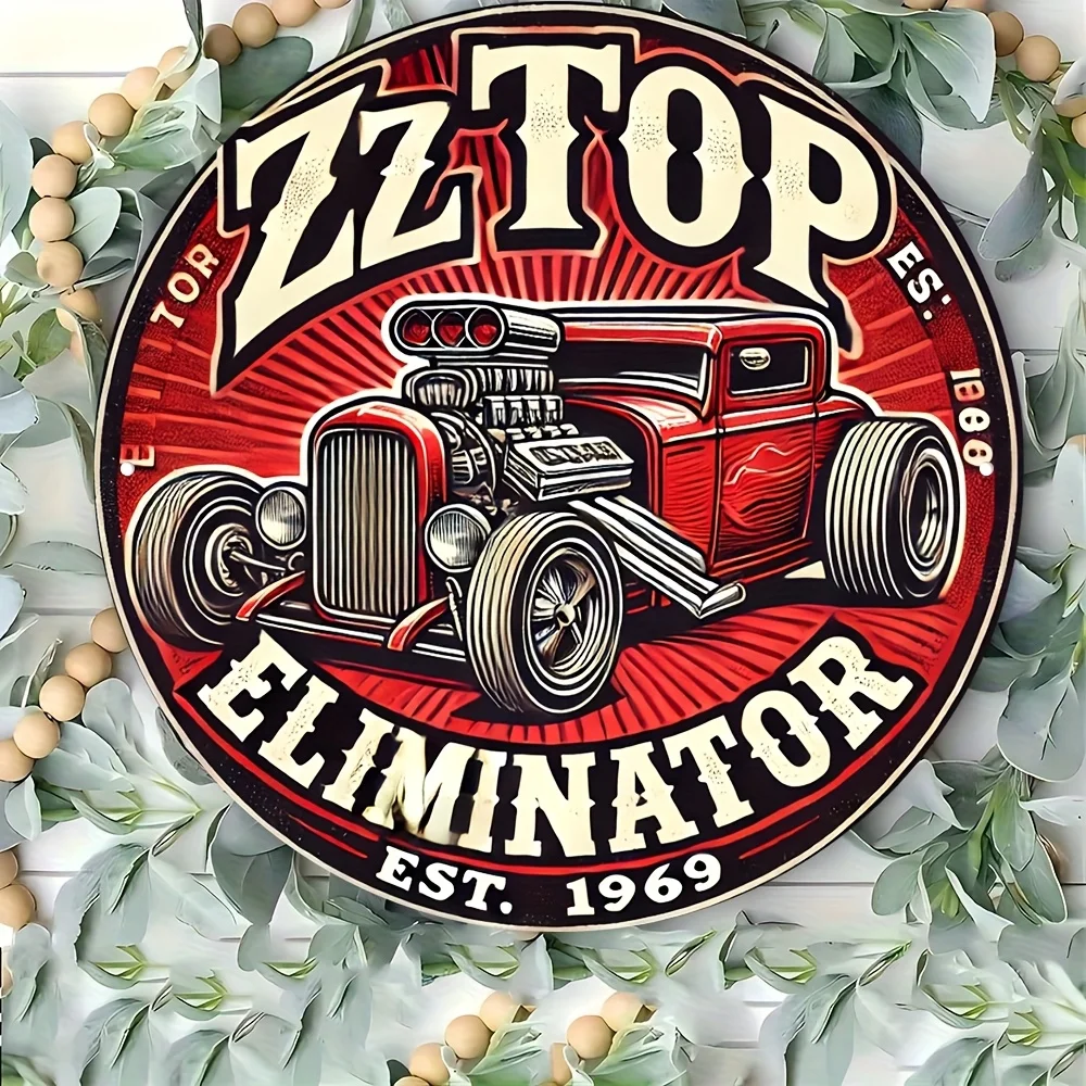 1 pieza de cartel metálico redondo de 8.0x8.0 pulgadas con impresión plana 2D, estilo ZZ Top Eliminator Vintage Hot Rod, para decoración de garaje.