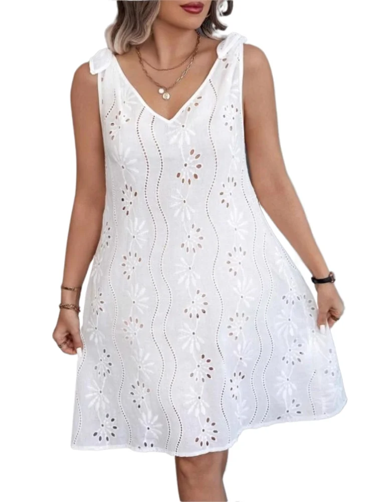 

Elegant Sexy V Neck Dress Lady Fashion Sleeveless Hook Flower Hollow Solid Dresses Women Casual Holiday Party Skirt Robe Summer