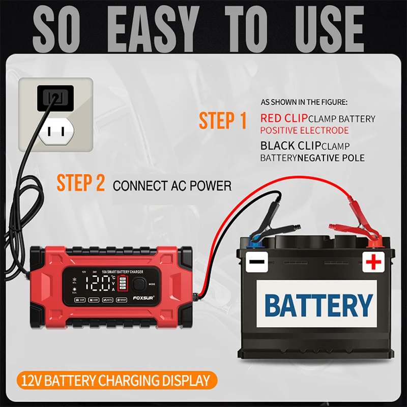 12V 10A Fully Automatic Car Battery Charger 7-Stage Fast Charging 6-180Ah for AGM GEL WET Lead Acid Battery Charger LCD Display