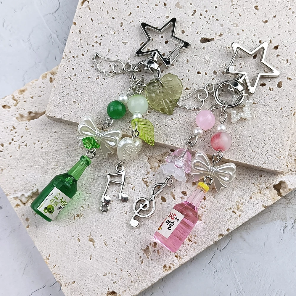 Llavero Estético Y2K con Cuentas Verdes, Colgante de Soda Japonesa Melon Ramune y Soda Coreana Star, Lindo Accesorio para Bolsos
