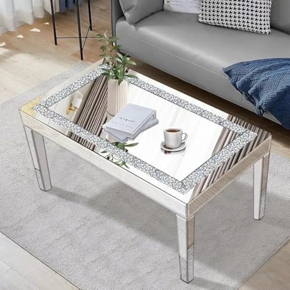 Coffee Table with Crystal Inlay, Rectangle Glass Tea Table with Mirrored Finish, Modern Center Table for Living Room