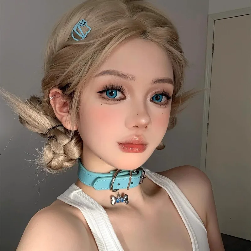 Blue Color Sweet Punk Bone Choker Necklace Women Y2K Alternative Kawaii Collarbone Chain Couples Jewelry Goth Trendy Gift