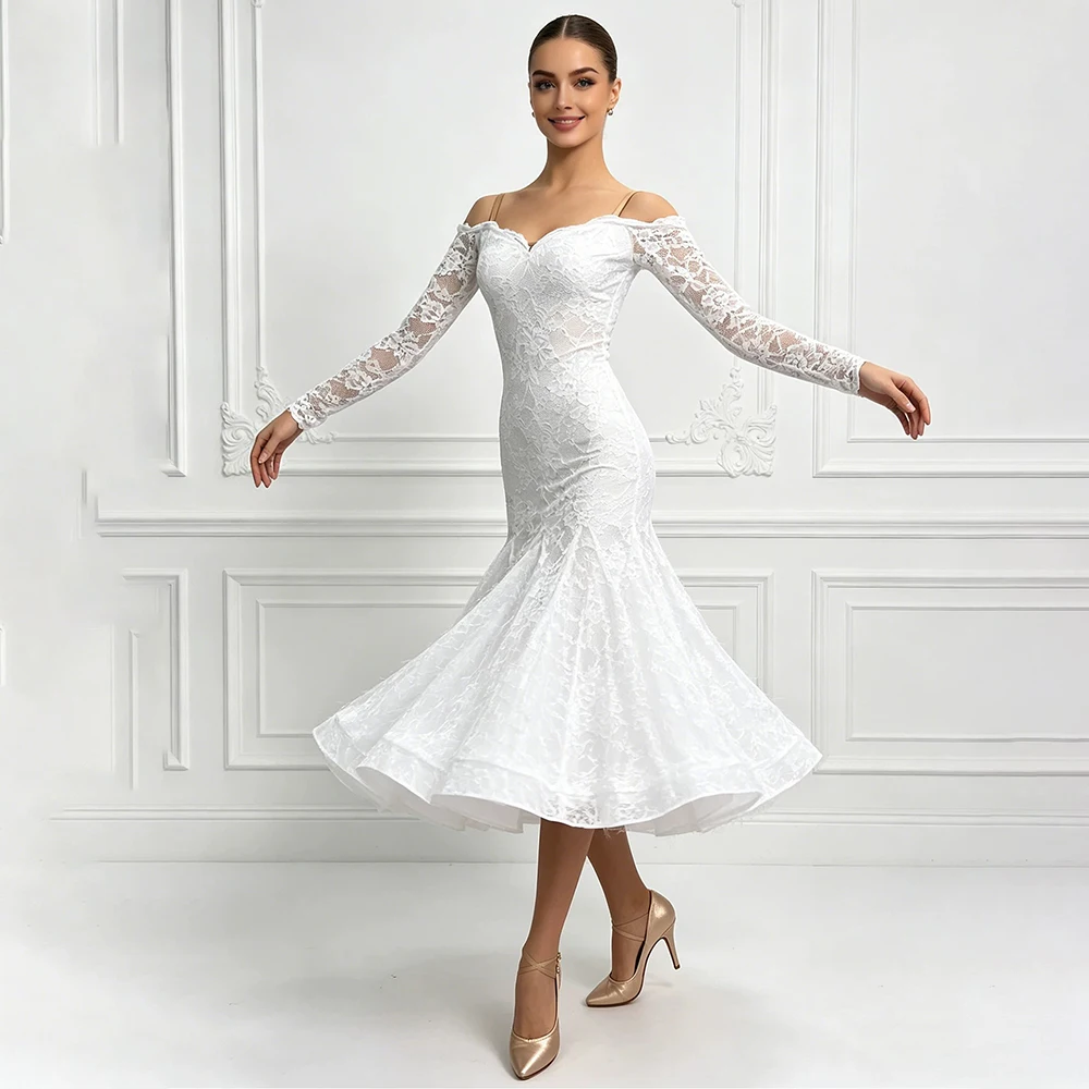 

Elegant Women's White Lace Ballroom Dance Dress Off Shoulder Long Sleeve Modern Dance Costumes Waltz Tango Performance Wear