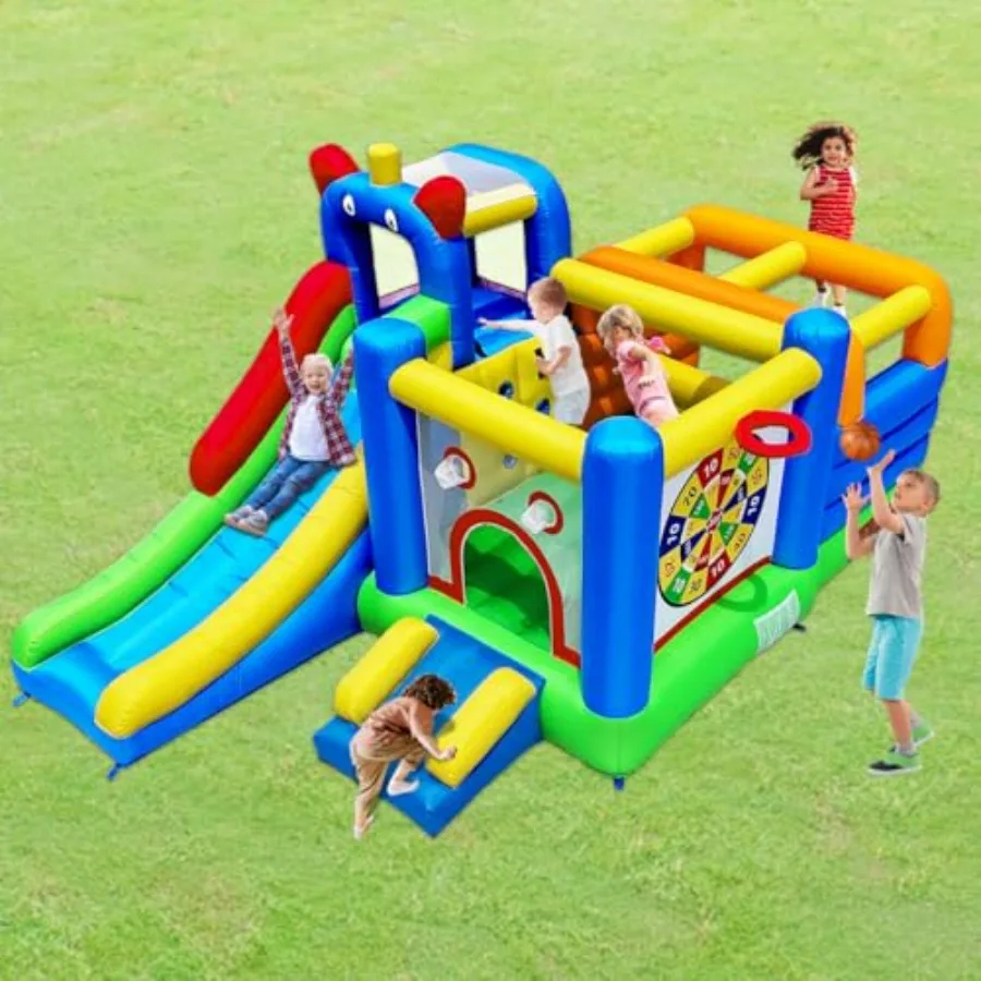 

HuaKastro Bounce House - Inflatable Playground with Crossbar Obstacle on Large Bouncy Area Featuring 1x Tall and 1x Small Slide