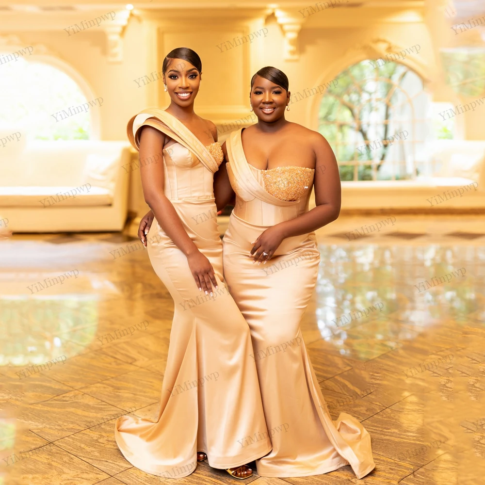 

Champagne Mermaid Bridesmaid Dresses Beaded Sweetheart Maid of Honor Dress Wedding Party Gowns Customized Wedding Guest Gowns