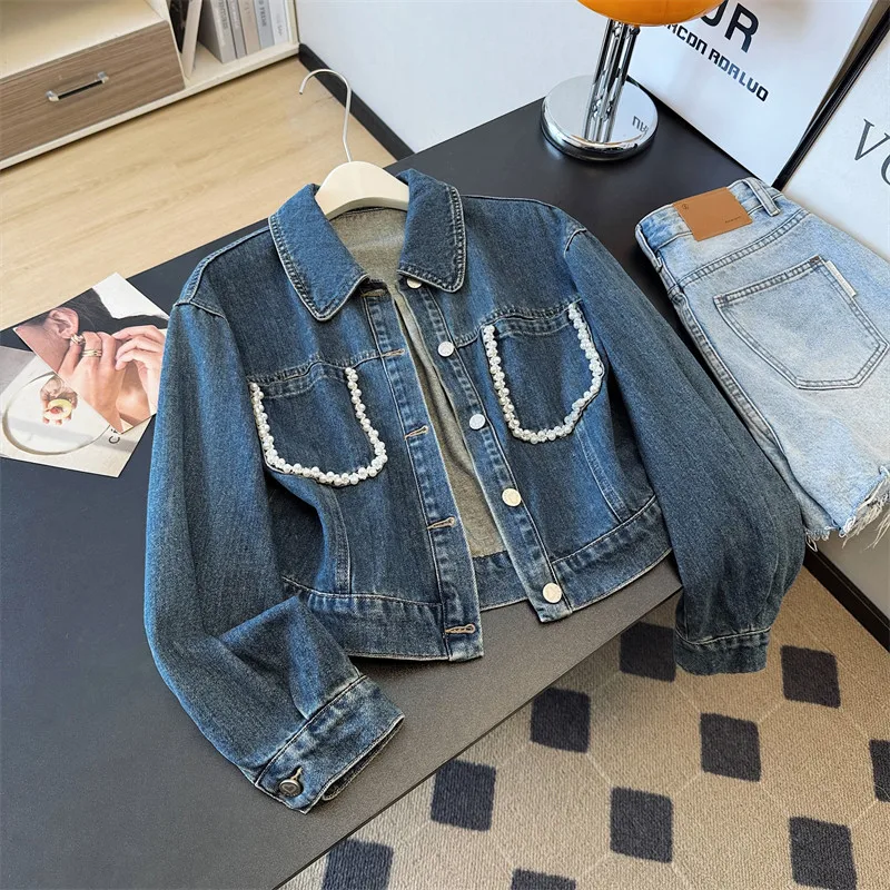 

Korean Loose Blue Short Denim Jacket Women Fashion Pearl Beaded Pocket Lapel Single-Breasted Long Sleeve Female Cowboy Outerwear