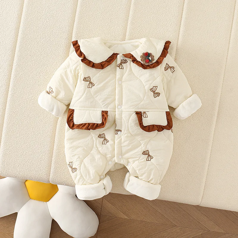 MILANCEL Autumn Baby Clothes Infant Girls Thin Fur Lining Romper Sweet Bow Print Cotton Padded Jumpsuit Turn Down Collar Outwear