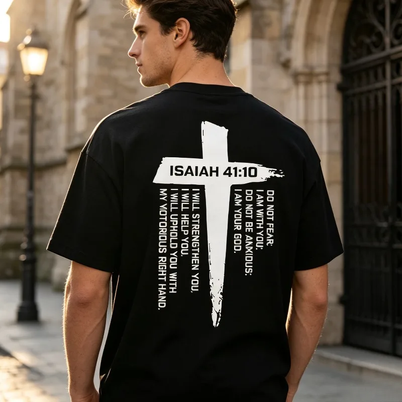 “ISAIAH 41:10” Cross Print T-Shirt Men’s Bible Verse Christian Graphic Soft Modal Crewneck Tee Casual Top for Street Wear