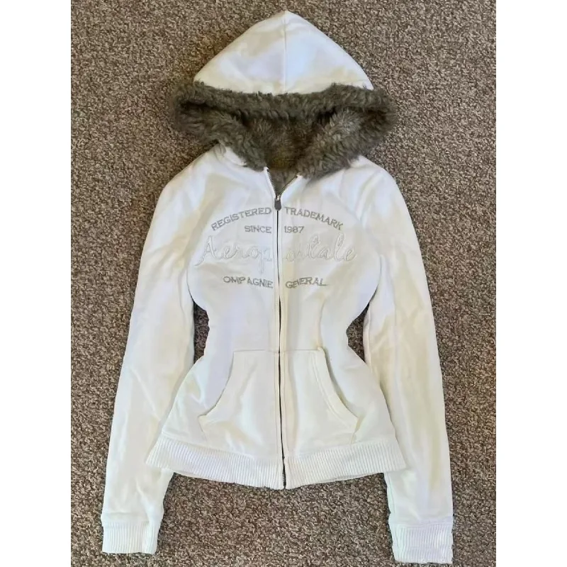 

American Retro Letter Embroidered Hoodie Harajuku Hip Hop Aesthetic Sweatshirt Fashion Subculture Jacket Women Street Hottie Top