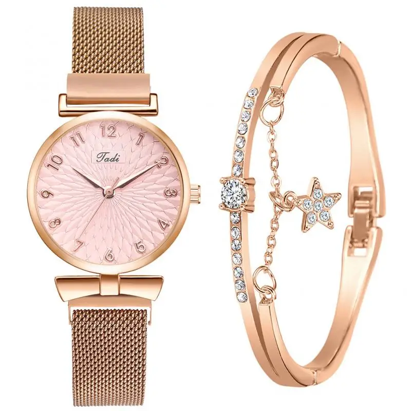 

Hot Sales Watches For Women Luxury Steel Magnet Ladies Watch Set Rose Gold Bracelet Leather Female Gift Quartz Clock Dropship