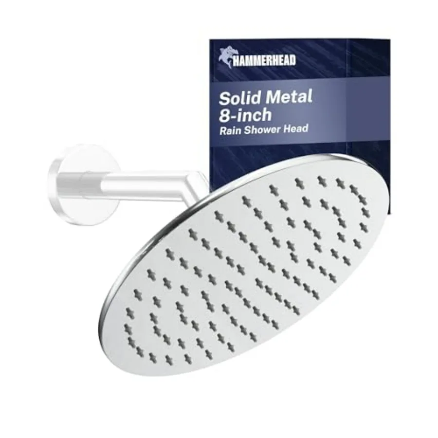 

8 Inch Rainfall Shower Head in Chrome with High Flow 2.5 GPM for Optimal Pressure - Solid Metal Large Round Design