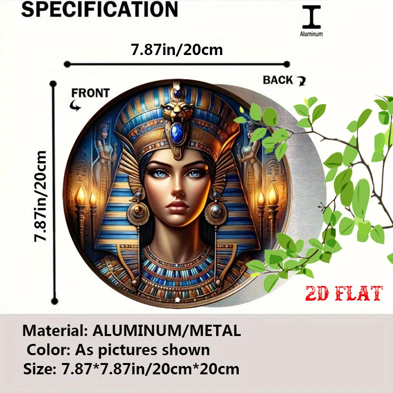 Vintage Egyptian Hieroglyph Blue Eye Round Metal Wall Art, 2D Pharaoh Crown Home Decor
