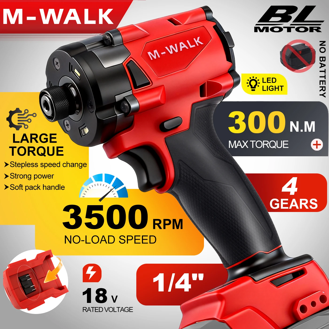 M-WALK Brushless Cordless Impact Driver 300N.m Electric Screwdriver Impact Drill With LED Light Fit Milwaukee 18V Battery Pins