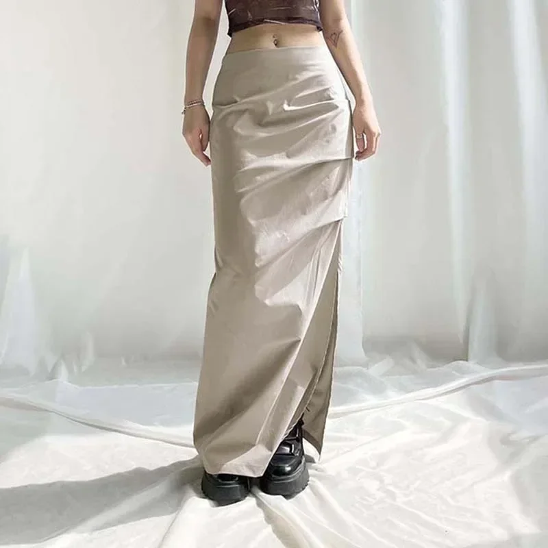 

Y2k White Front Ruffle Drawstring Casual Long Skirts Women Back Streetwear With Pockets Low Waist Loose Preppy Cargo Skirt