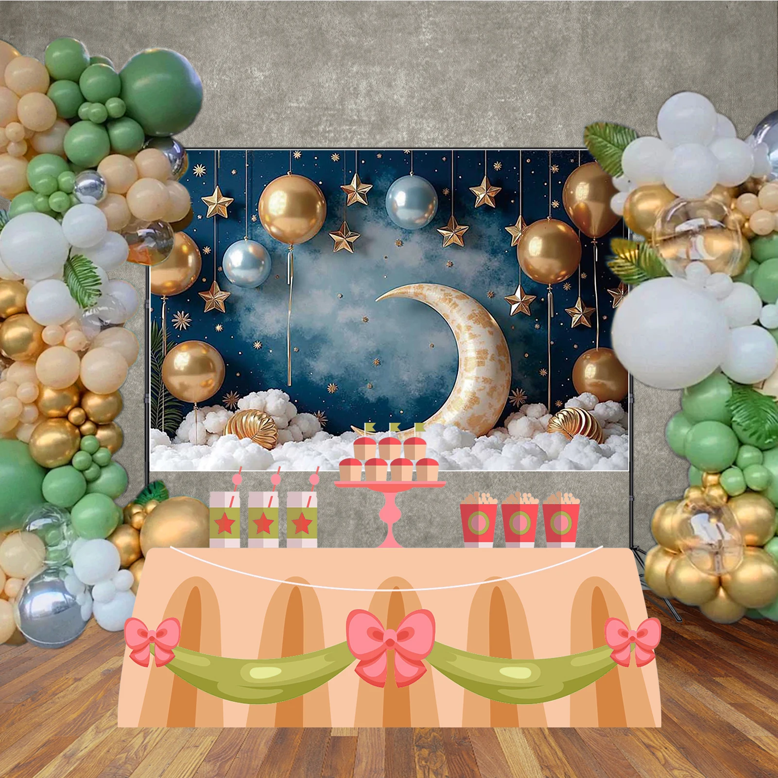 MOON.QG 赤ちゃん新生児誕生日背景写真撮影バルーンブルー壁ムーン Photozone 背景子供スタジオフォトブース小道具