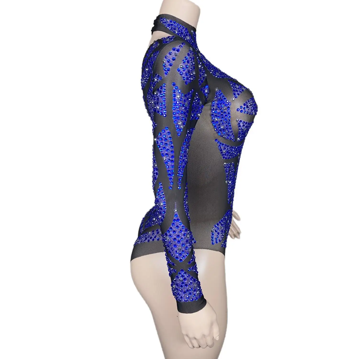 

Lanyueya Women Jumpsuit Shorts Blue Rhinestone See Through Mesh Steel Pipe Dance Costume Nightclub Holiday Birthday Party Dress