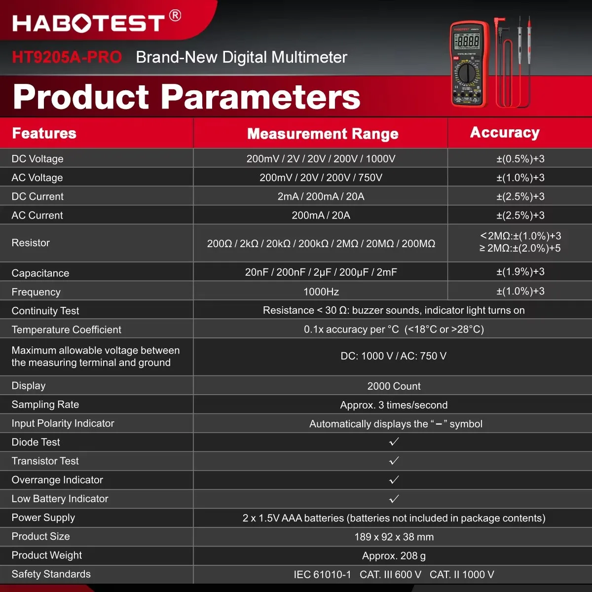 HABOTEST HT9205A-PRO Digital Multimeter True RMS 1000V 20A High Precision Multitester Overheat Protection Handheld Tester