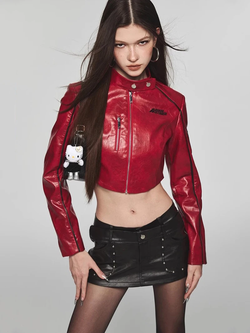 REDDACHiC Leather Bomber Jacket Women\'s Cropped Coat Patchwork Vintage Y2k Windbreaker Casual Autumn Long Sleeves Statue Outer