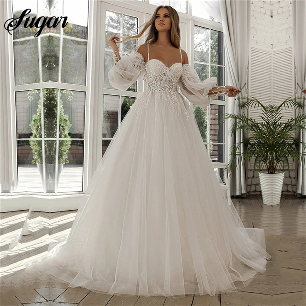 

Princess Wedding Dresses Gown Boho Sweetheart Appliques Lace Off the Shoulder Puff Sleeves Wedding Bridal Gown suknia slubna