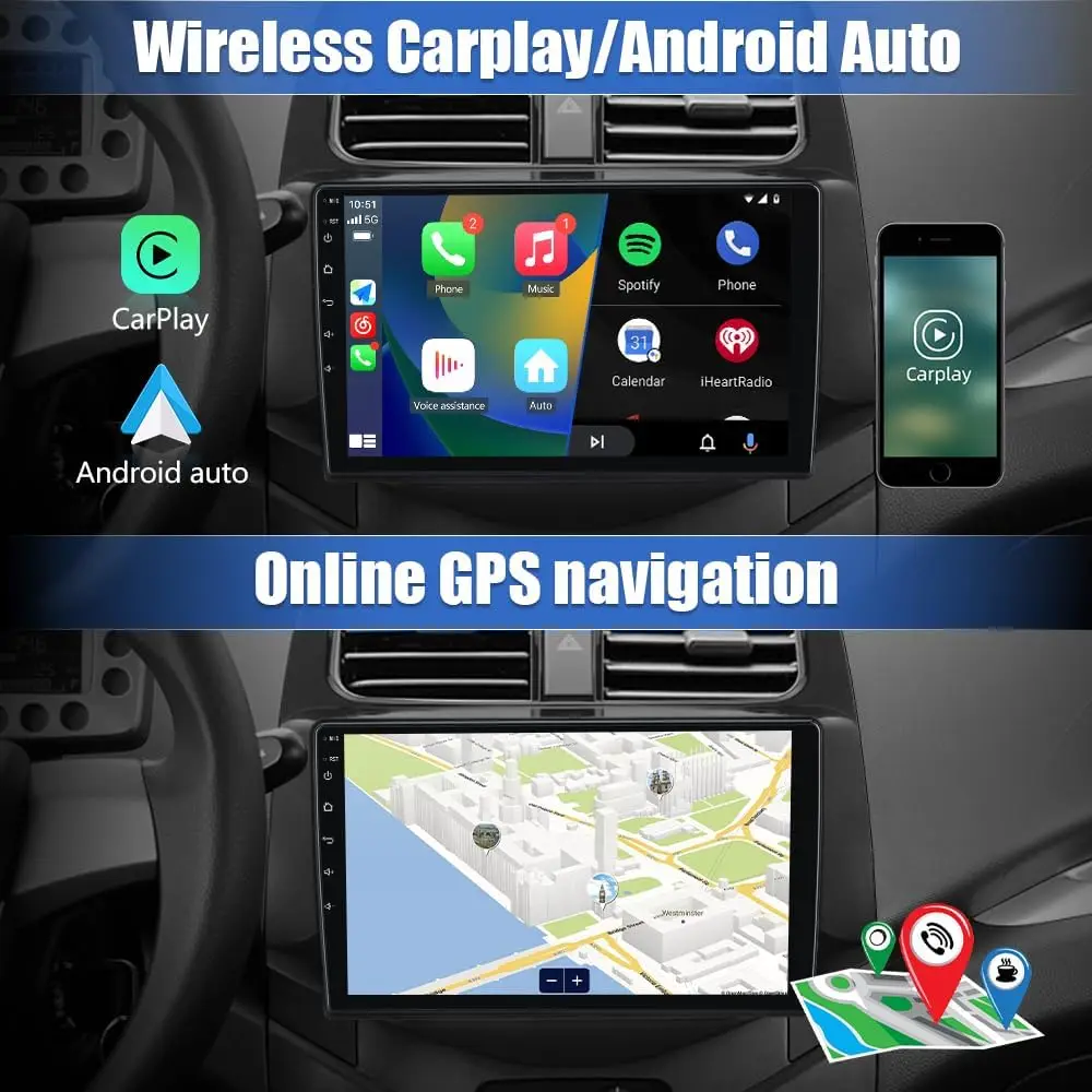 Android 13 Autoradio für Chevy Spark 2013–2015, 9 Zoll Touchscreen mit CarPlay/Android Auto, GPS, WLAN, Bluetooth, FM RDS, AM, DSP
