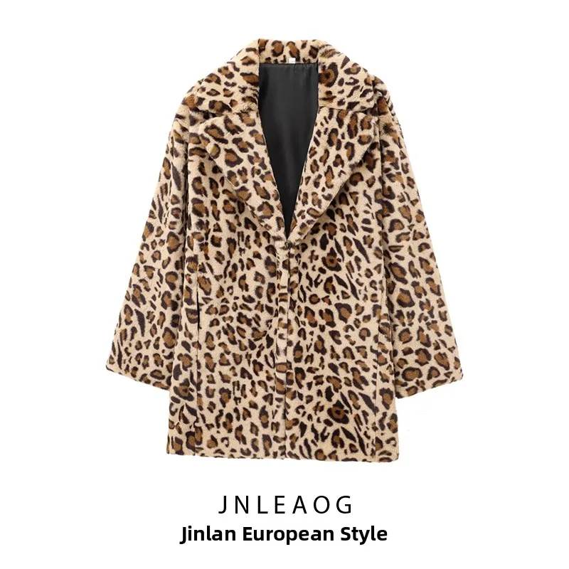 

JNLEAOG Autumn New Women's Animal Print Fur Effect Coat Long Sve Street Sle Polyester Fiber Outerwear Faionable Coat