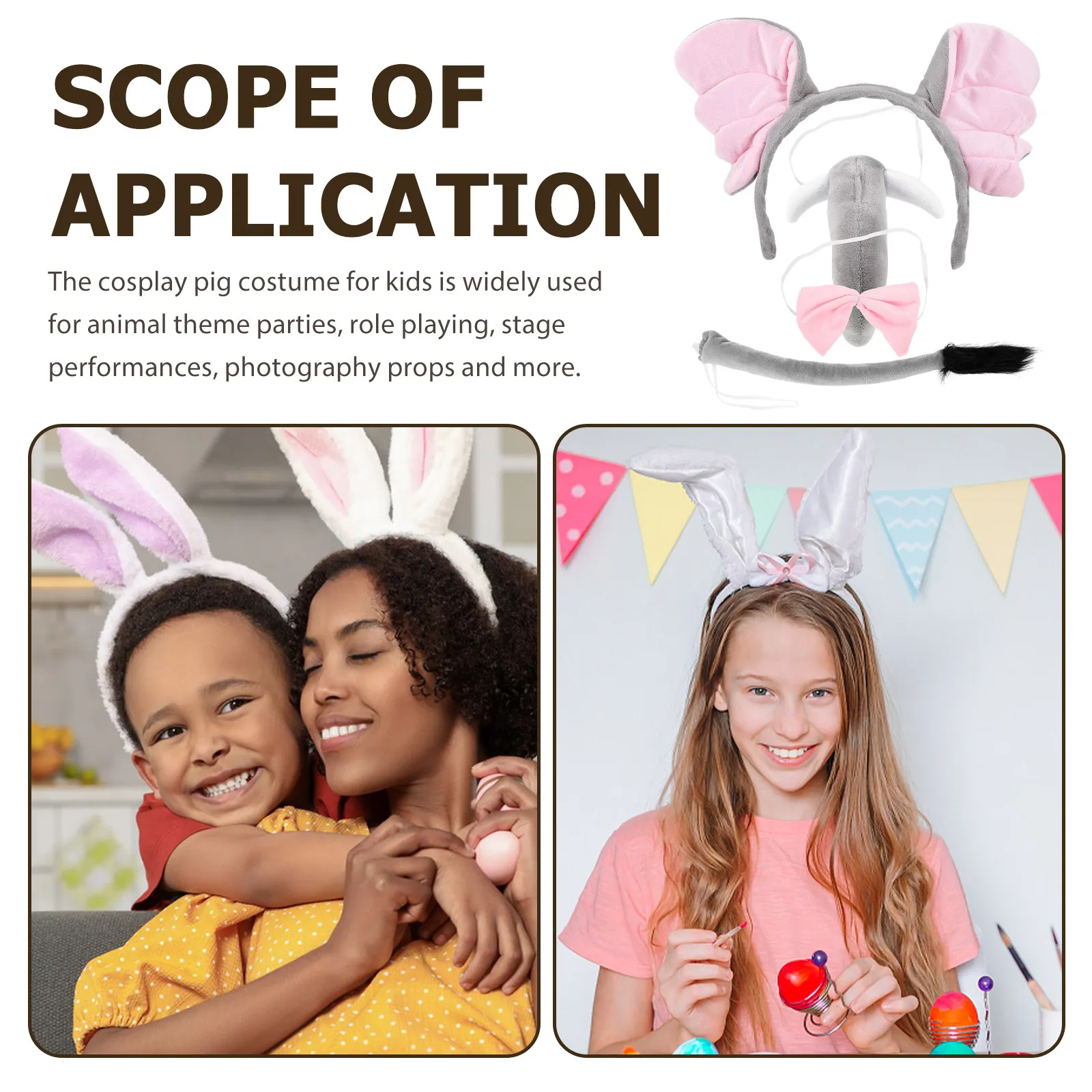 1Set Unique Elephant Costume Set with Ear Headband Bow Tie Tail for Women Festival Party Role Play Photo Prop Accessories