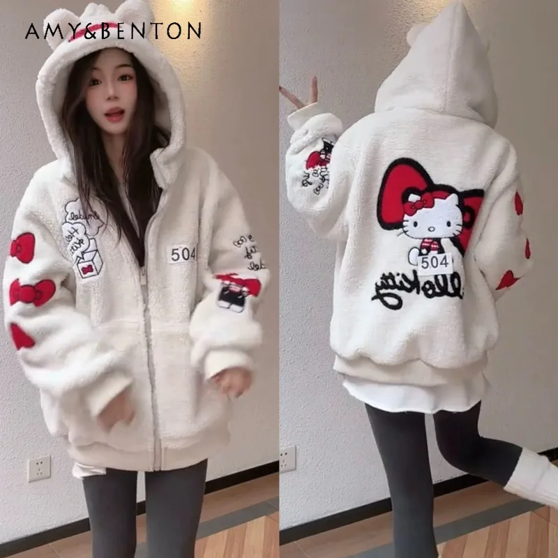 

Cartoon Embroidered Lamb Wool Hooded Cotton Jacket For Women's 2025 Winter Soft Loose Warm Furry Coat Long-sleeves Top Outerwear