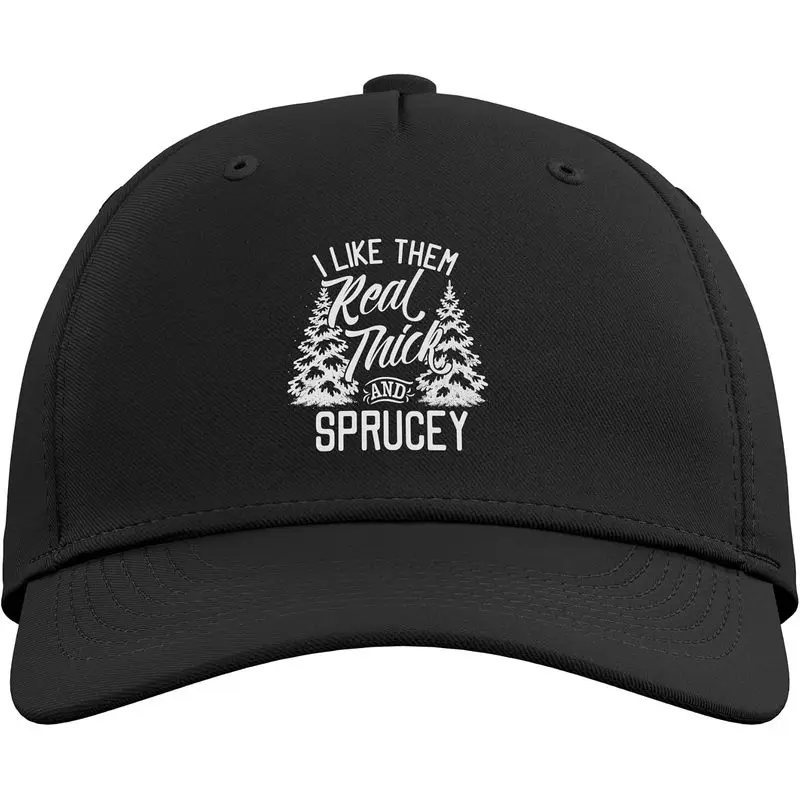 I Like Em Real Thick and Sprucey Funny Christmas Tree Adjustable Baseball Hat