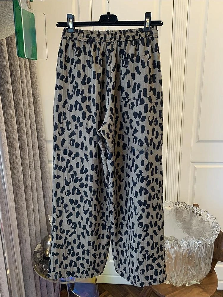 American Vintage Pants Leopard Draw String High Waist Casual Loose Thin Pantalones De Mujer Summer All Match Lazy Style Clothing