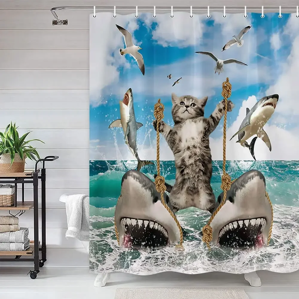 Blue Universe Fantasy Galaxy Hilarious Shower Curtain Cosmic Fabric Bathtub Decor Cool Cat Riding Dinosaur Shark Ocean Sea