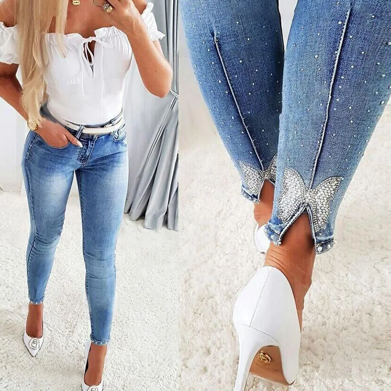 Women Jeans Washing Denim Pencil Pants Slim Fit Sheath Diamonds Pockets High Street Zipper Fly Spring Flat Slight Strech